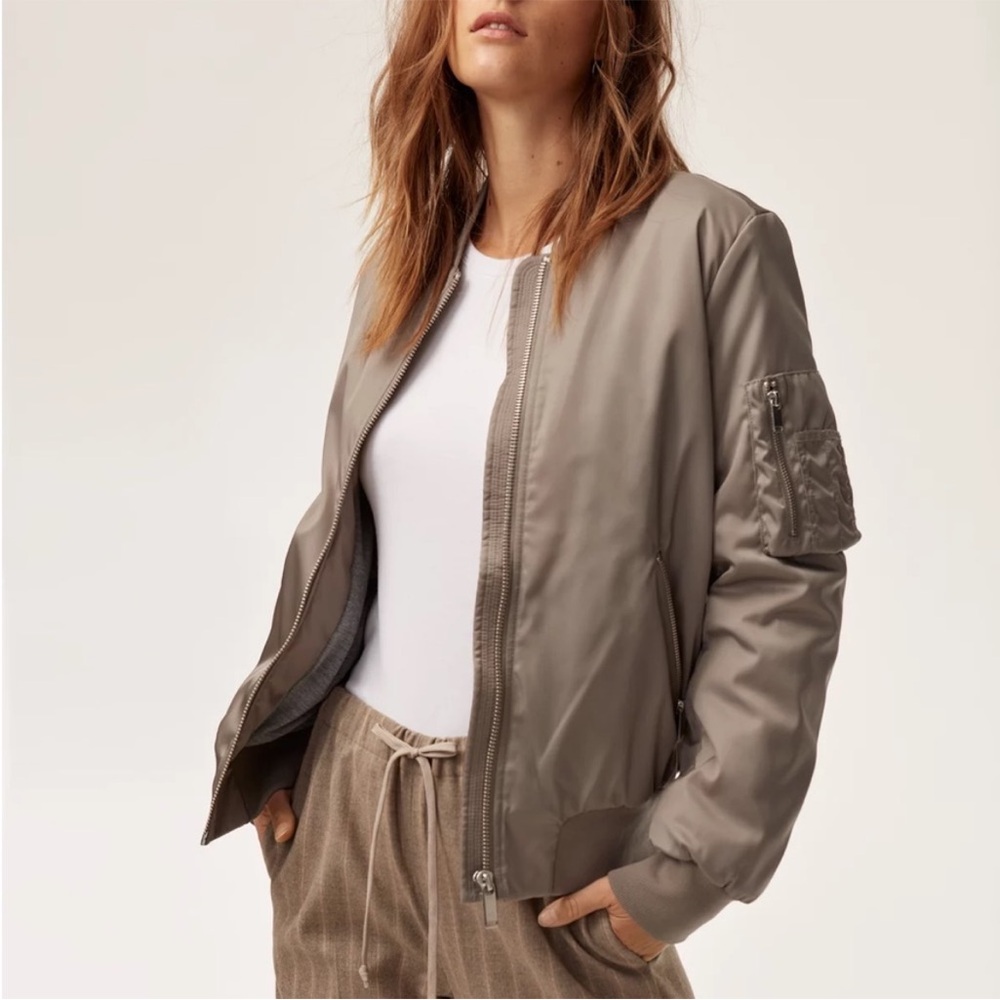 Babaton Gray Satin Bomber Jacket